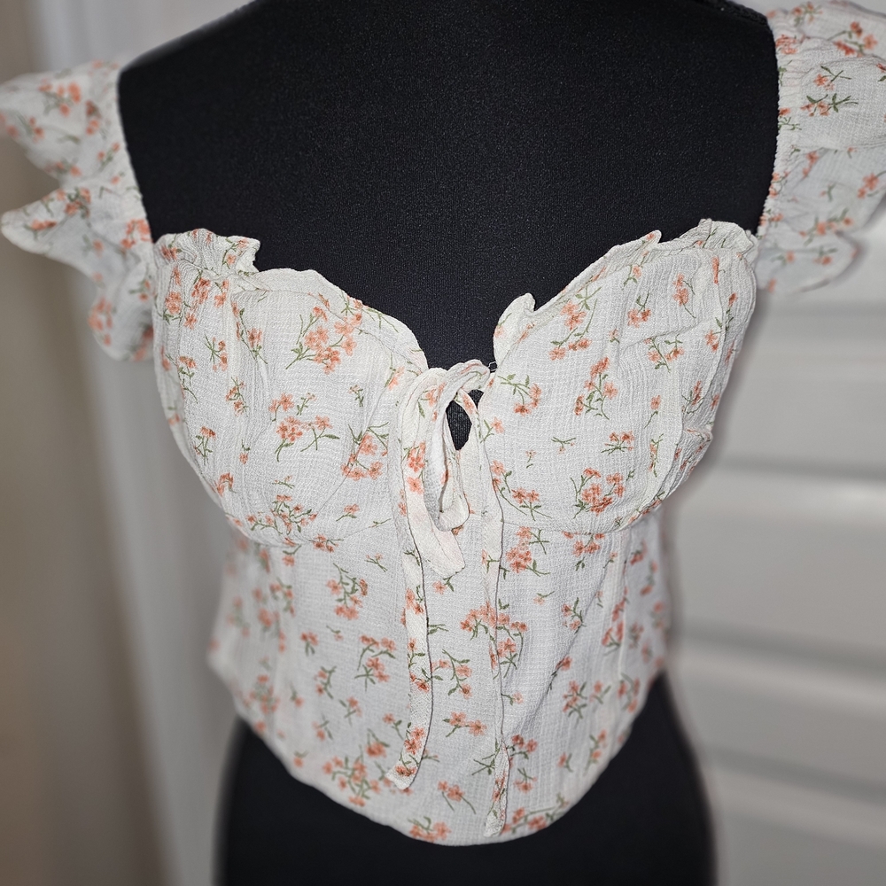 Mine Floral Ruffle Off-Shoulder Crop Top With A Smocked Back
